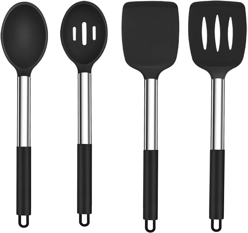 TeamFar Kitchen Utensils, 4 PCS Silicone Cooking Utensils Spatula Spoon Set with Stainless Steel Handle, for Frying Mixing Draining Turning, Healthy & Heat-proof, Non-stick & Dishwasher Safe - Black - Image 1